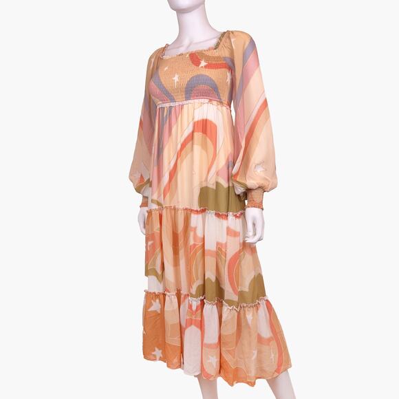NWOT AURA Retro Starburst Long-Sleeve Tiered Midi Dress (Orange/Peach | Size XS) - Picture 3 of 9